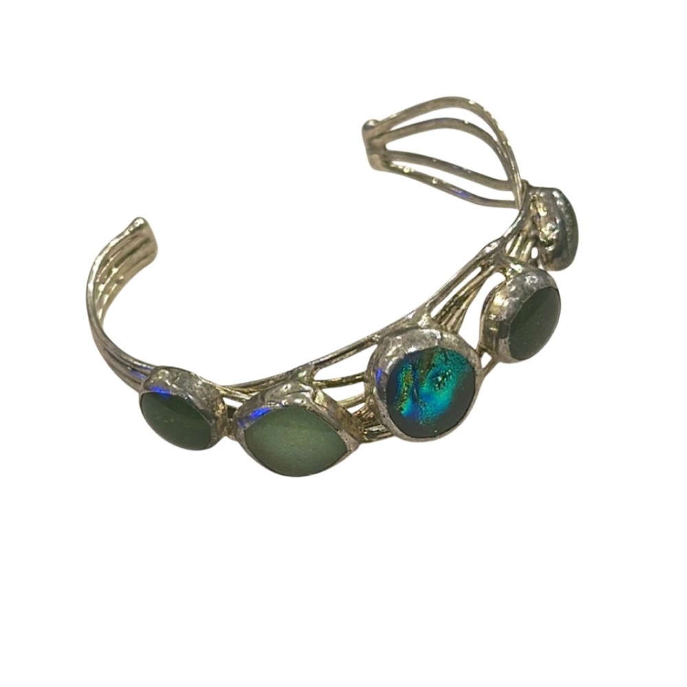 Vintage Asymmetrical Silver Five Stone Cuff Bracelet